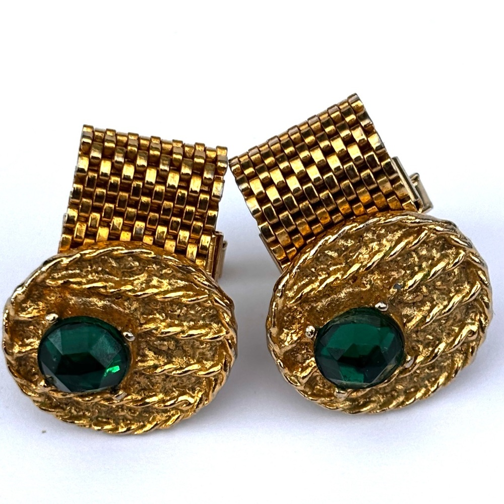 Gold Tone Oval Cufflinks with Deep Green Faceted Stones